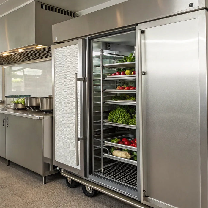 3-door commercial freezer storing food..