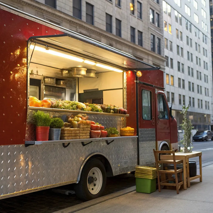 Food truck displaying fresh produce on its counter, sourced from food suppliers.