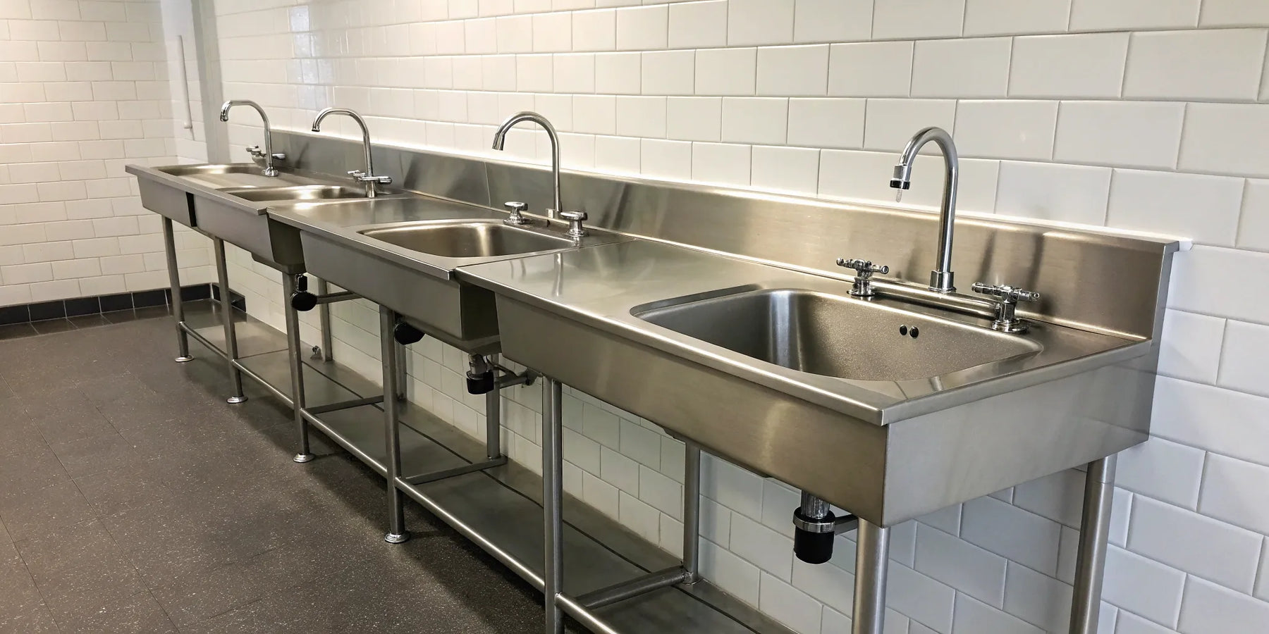 A multi-basin stainless steel handwash sink for a commercial restaurant.