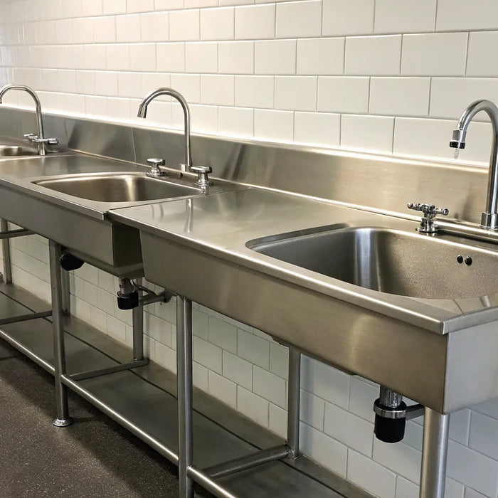 A multi-basin stainless steel handwash sink for a commercial restaurant.