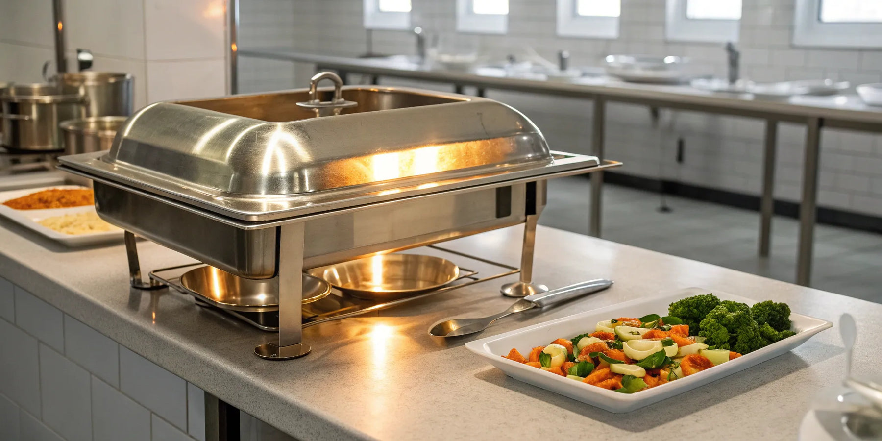 A countertop commercial kitchen warmer with a chafing dish keeping vegetables warm.
