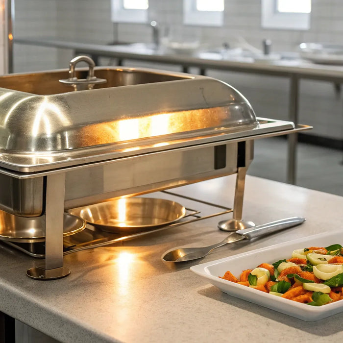 A countertop commercial kitchen warmer with a chafing dish keeping vegetables warm.