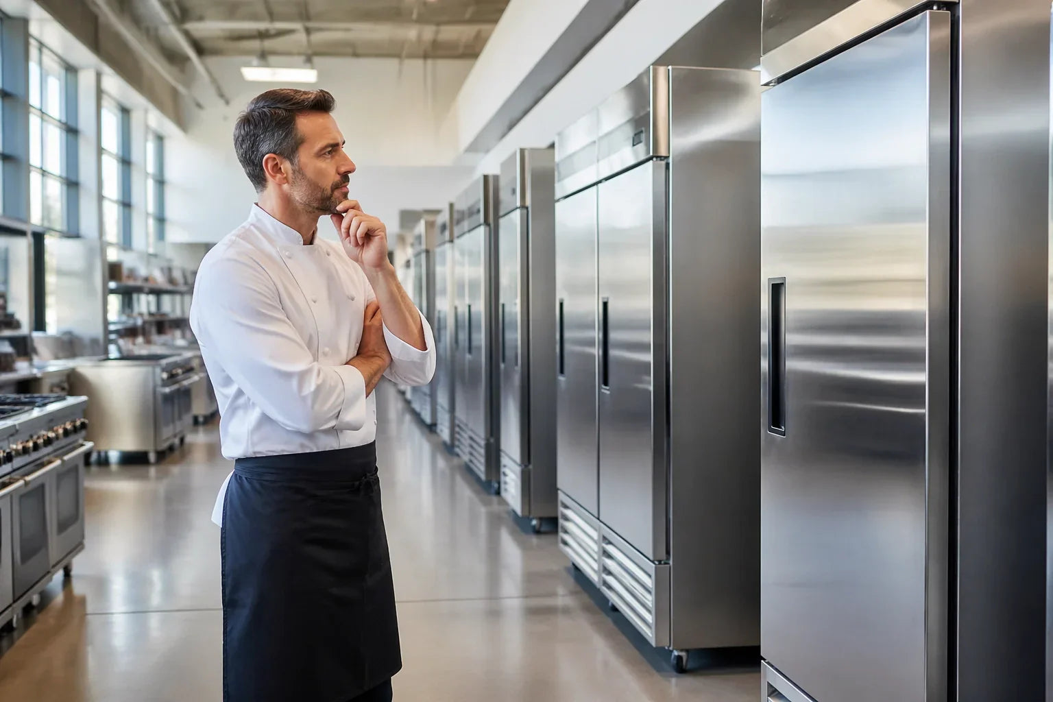 chef looking at various sizes of commercial refrigerators at restaurant supply store