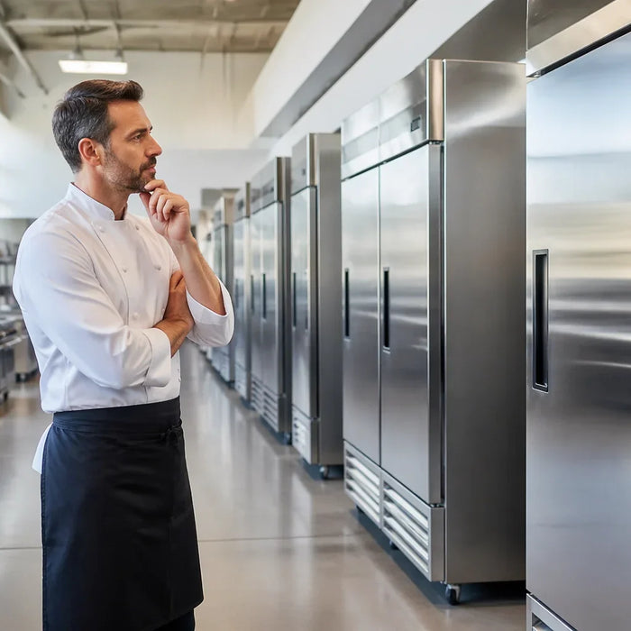 chef looking at various sizes of commercial refrigerators at restaurant supply store