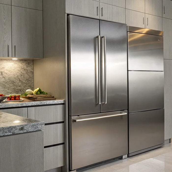 44-inch stainless steel refrigerator with gray cabinets.