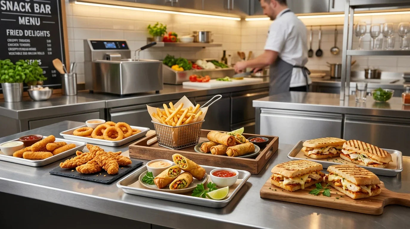 Assorted crispy ventless-fryer menu items including french fries, chicken tenders, egg rolls, toasted sandwiches, and appetizers in a professional commercial kitchen snack bar setting