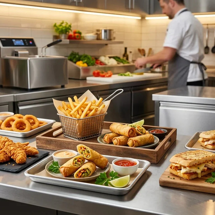Assorted crispy ventless-fryer menu items including french fries, chicken tenders, egg rolls, toasted sandwiches, and appetizers in a professional commercial kitchen snack bar setting