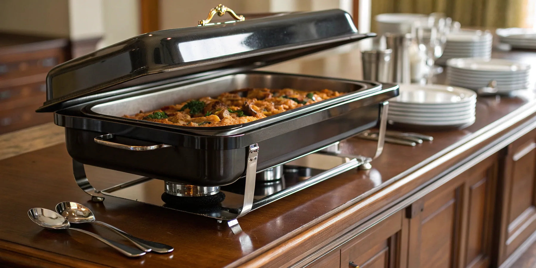 A modern black chafing dish keeping food warm on a buffet for a catered event.