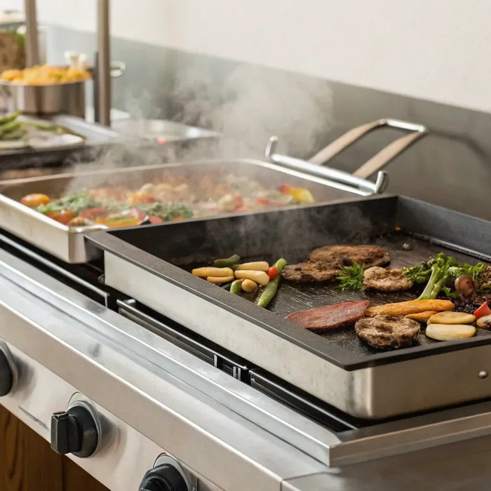 An electric grill griddle searing meat and vegetables in a professional kitchen.