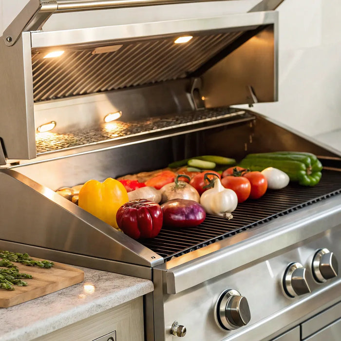 A commercial natural gas flat top grill searing mixed vegetables.
