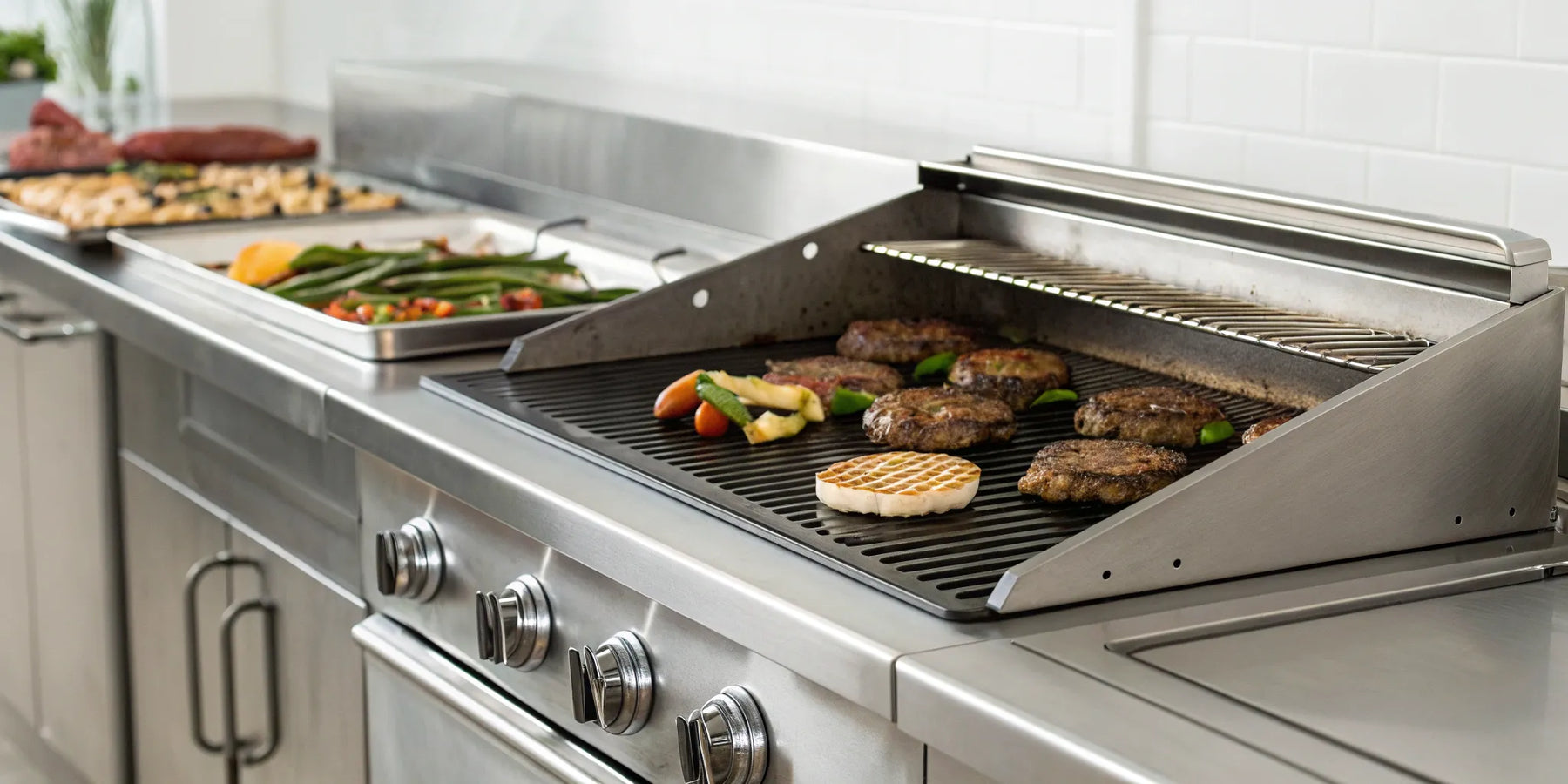 Commercial propane flat top grill cooking burgers and vegetables.