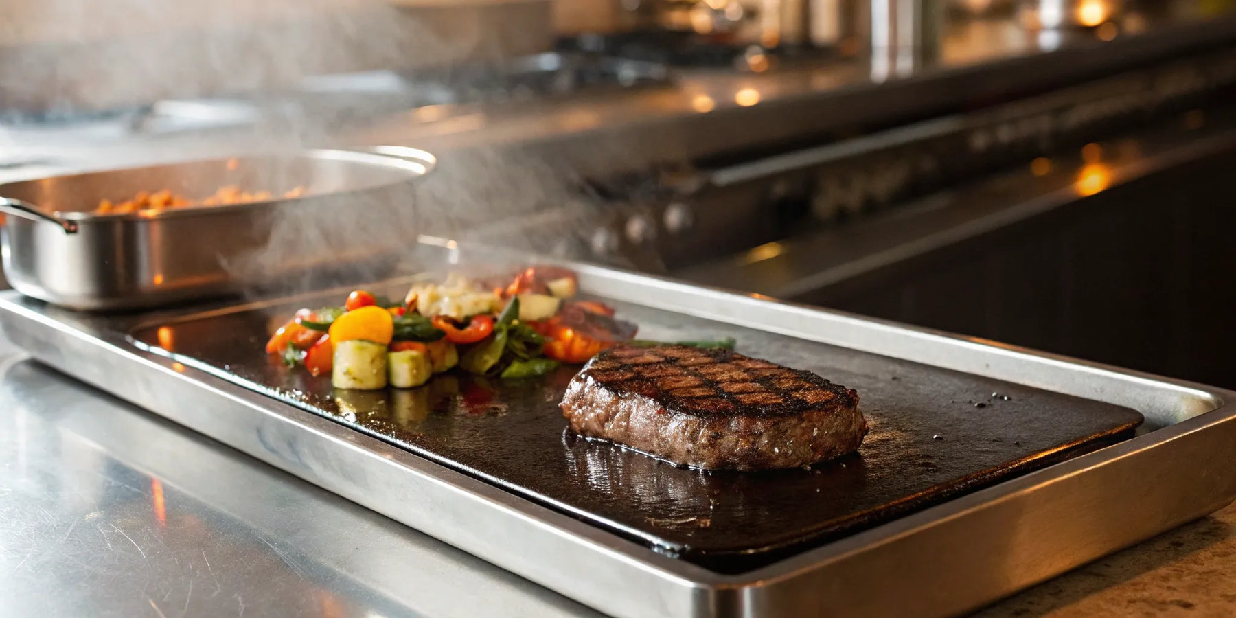 Commercial flat top propane grill cooking steak and vegetables for a restaurant.