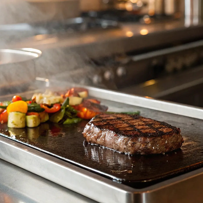 Commercial flat top propane grill cooking steak and vegetables for a restaurant.