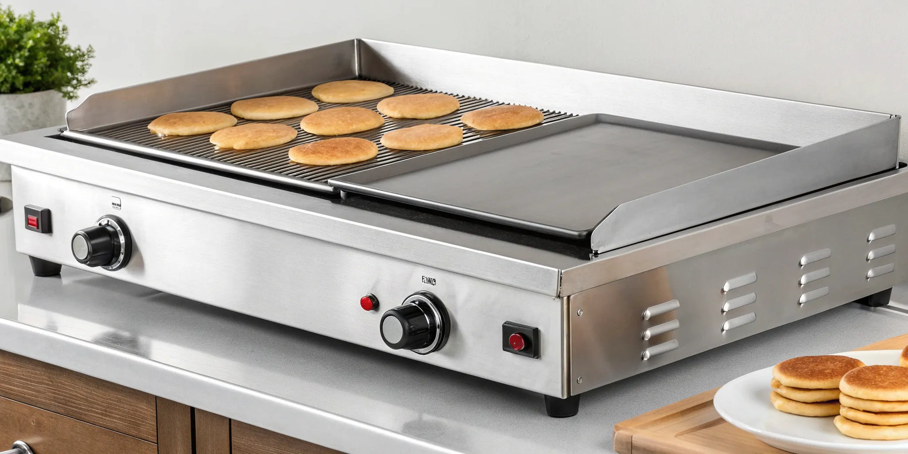 A large electric griddle cooking pancakes in a professional kitchen.