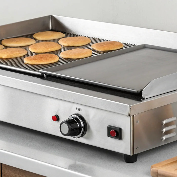 A large electric griddle cooking pancakes in a professional kitchen.