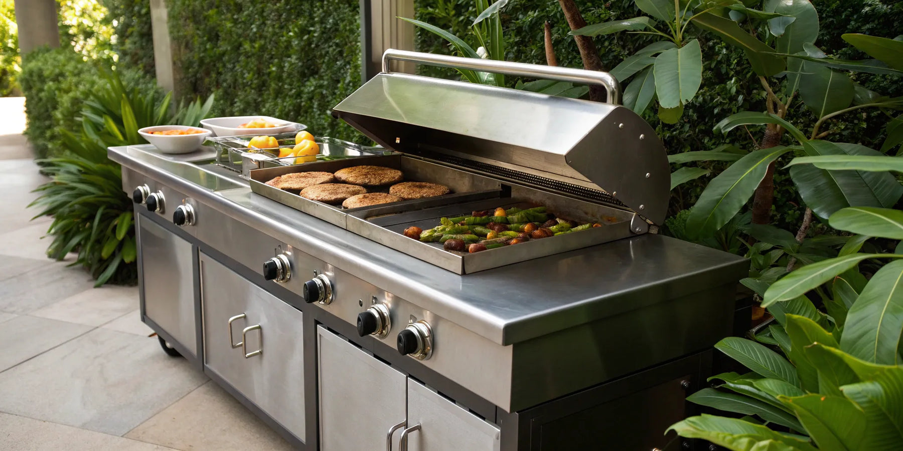 A natural gas outdoor griddle cooking burgers and vegetables in a backyard.