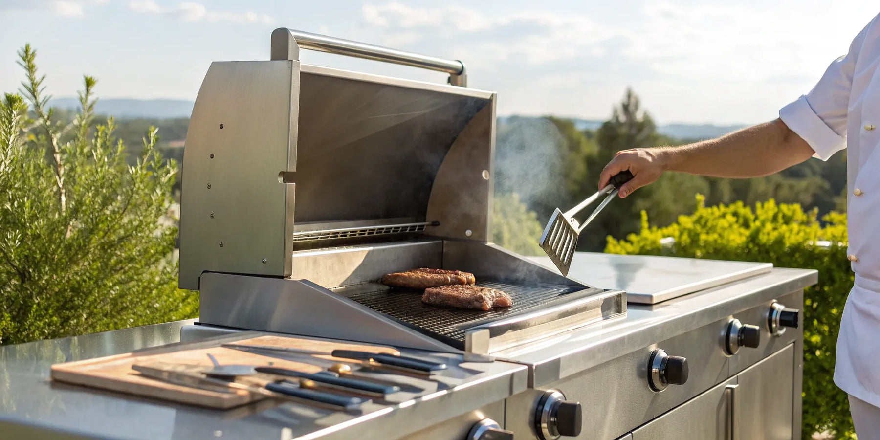 A chef searing steaks on a large outdoor natural gas griddle.