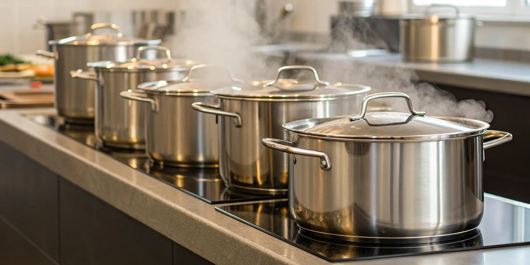 Stainless steel pasta pots on stovetop.