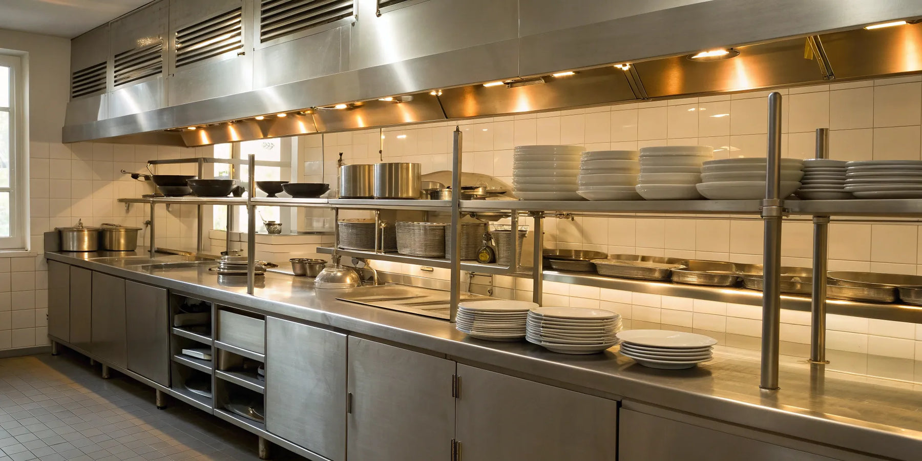 Shelves of commercial kitchen equipment at a restaurant supply store in Las Vegas.
