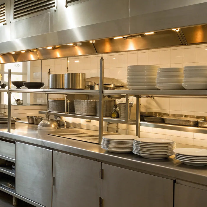 Shelves of commercial kitchen equipment at a restaurant supply store in Las Vegas.