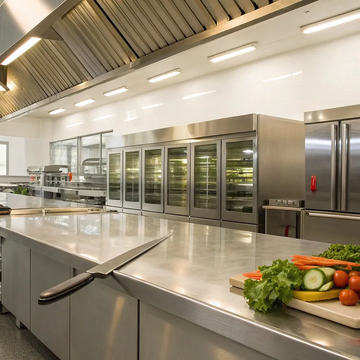 Stainless steel equipment and supplies inside a Los Angeles restaurant supply store.