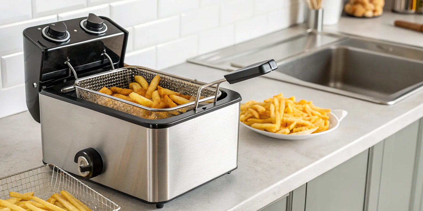 A commercial tabletop deep fryer with a basket of perfectly cooked golden fries.