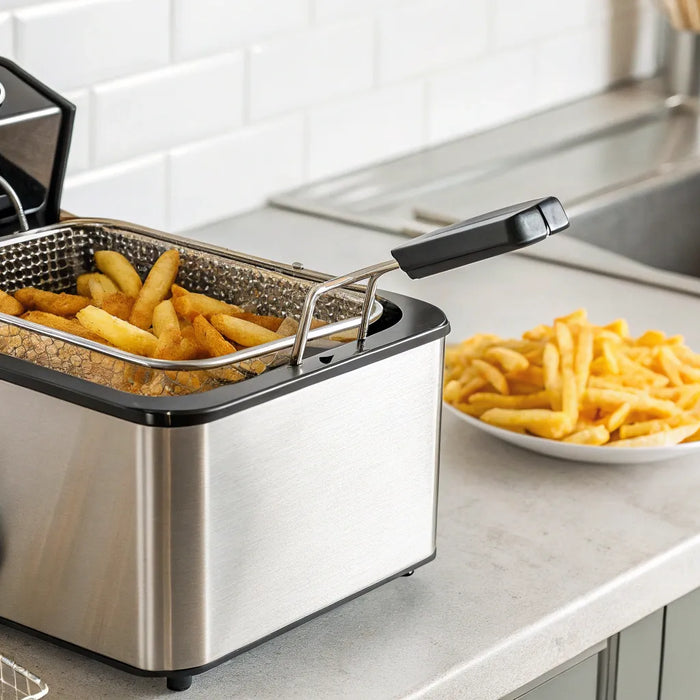A commercial tabletop deep fryer with a basket of perfectly cooked golden fries.