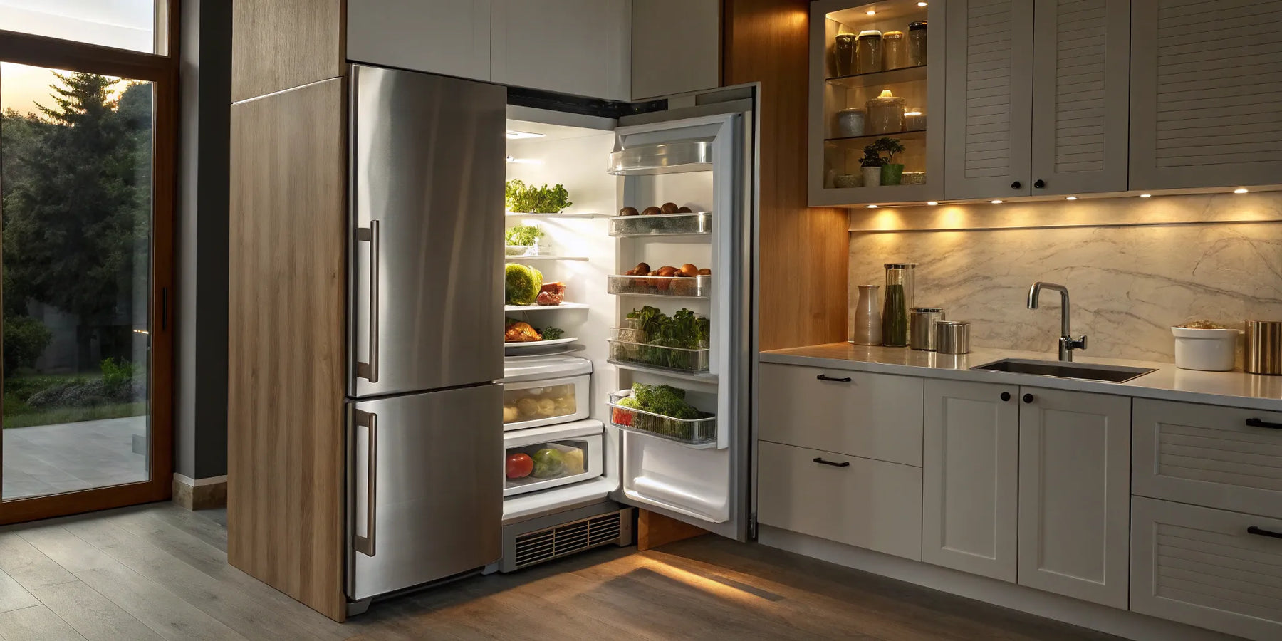 A top freezer refrigerator with an ice maker, open to display its organized interior storage.