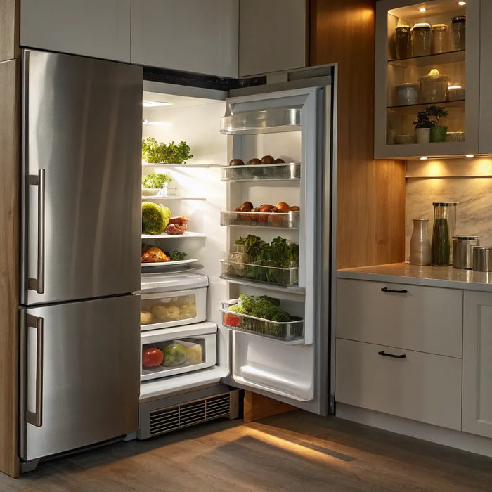 A top freezer refrigerator with an ice maker, open to display its organized interior storage.