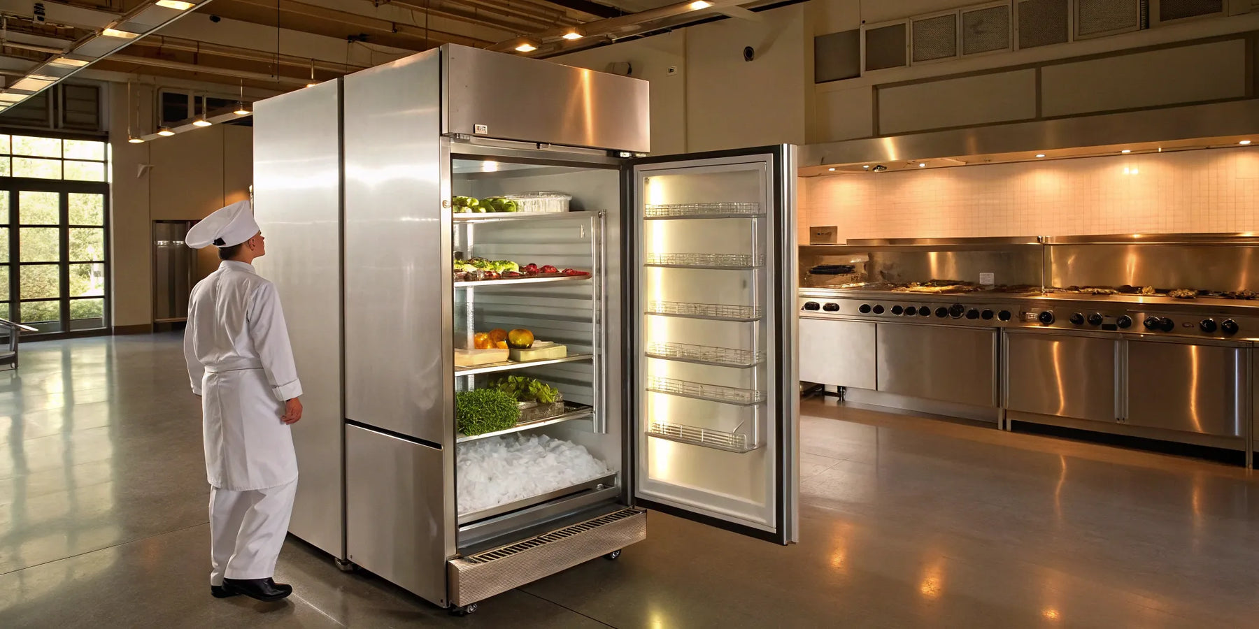 A top freezer refrigerator with an ice maker in a commercial kitchen.