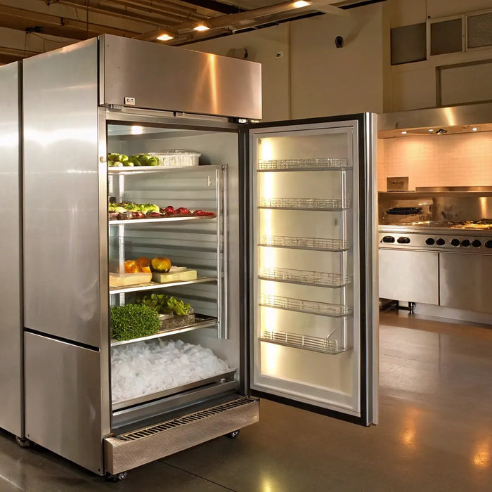 A top freezer refrigerator with an ice maker in a commercial kitchen.