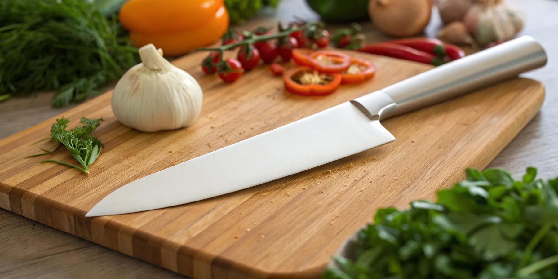 An essential professional chef's knife on a cutting board with fresh vegetables.