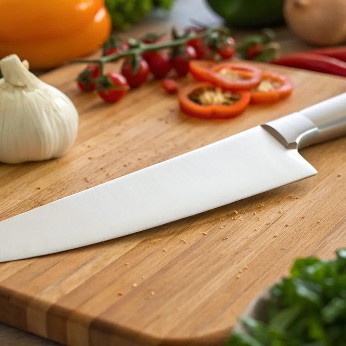 An essential professional chef's knife on a cutting board with fresh vegetables.