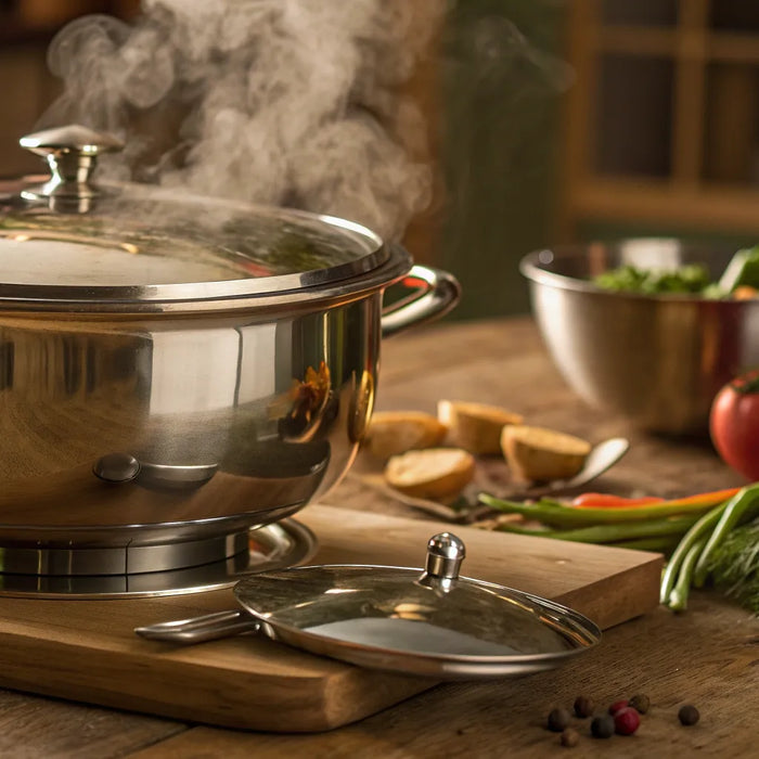A stainless steel portable soup warmer keeping soup hot and ready to serve.