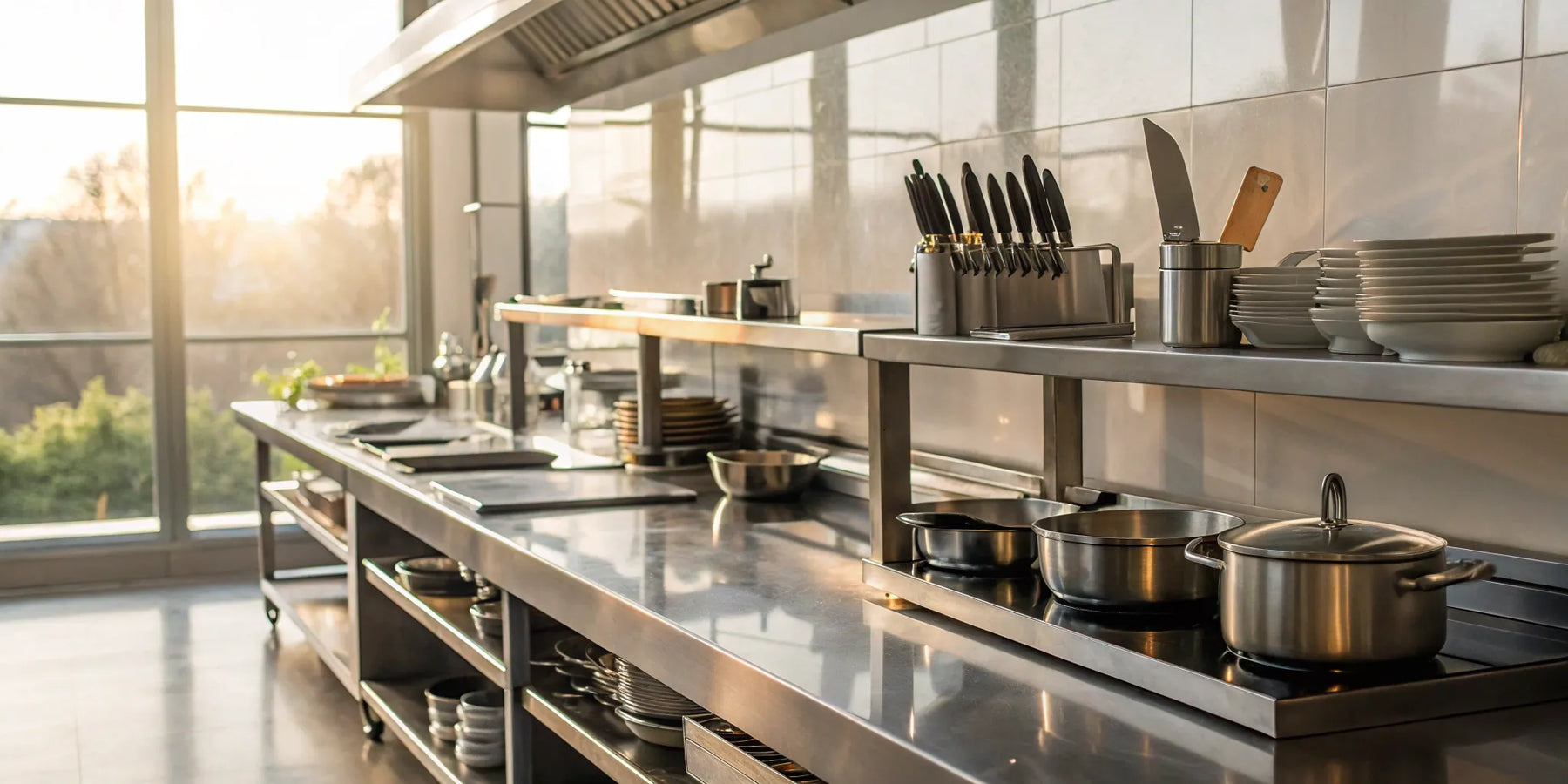A restaurant kitchen with commercial supply equipment from a Salt Lake City store.