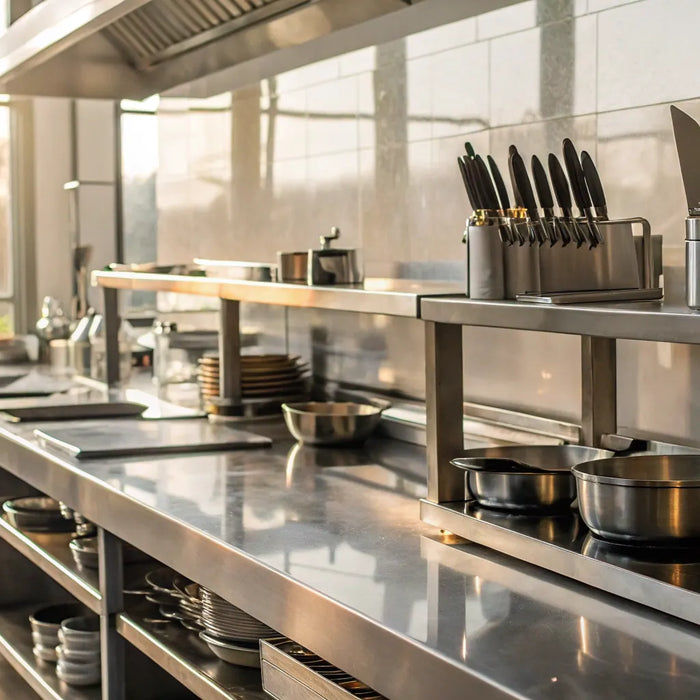 A restaurant kitchen with commercial supply equipment from a Salt Lake City store.