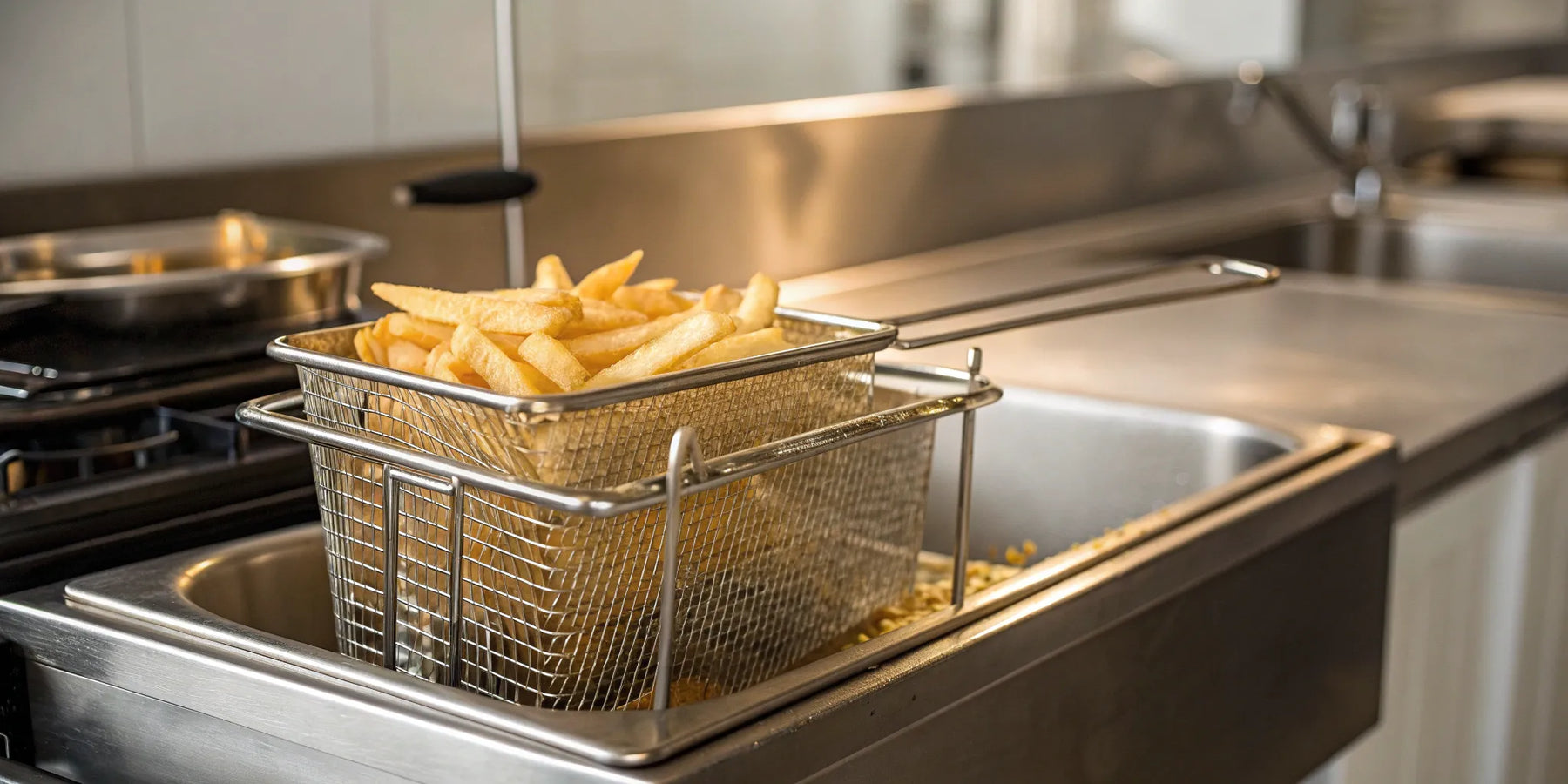 50 lb commercial fryer basket filled with french fries.