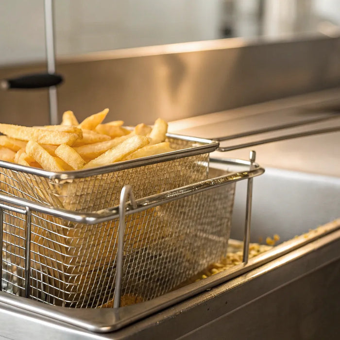 50 lb commercial fryer basket filled with french fries.