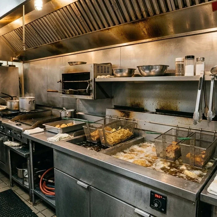 Professional commercial deep fryer in a busy restaurant kitchen