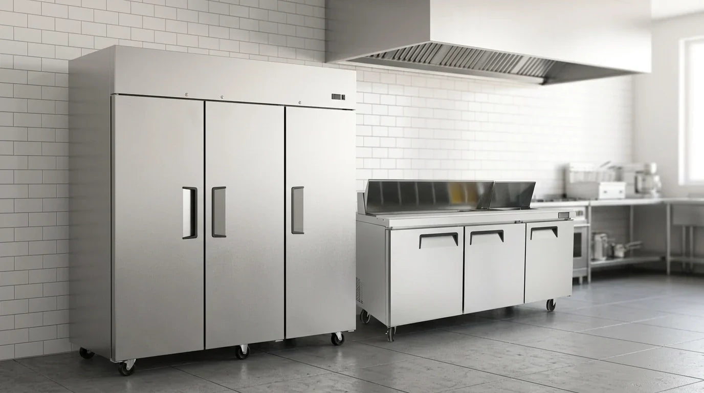 A high-resolution, professional commercial kitchen scene featuring stainless steel Atosa refrigeration and prep equipment