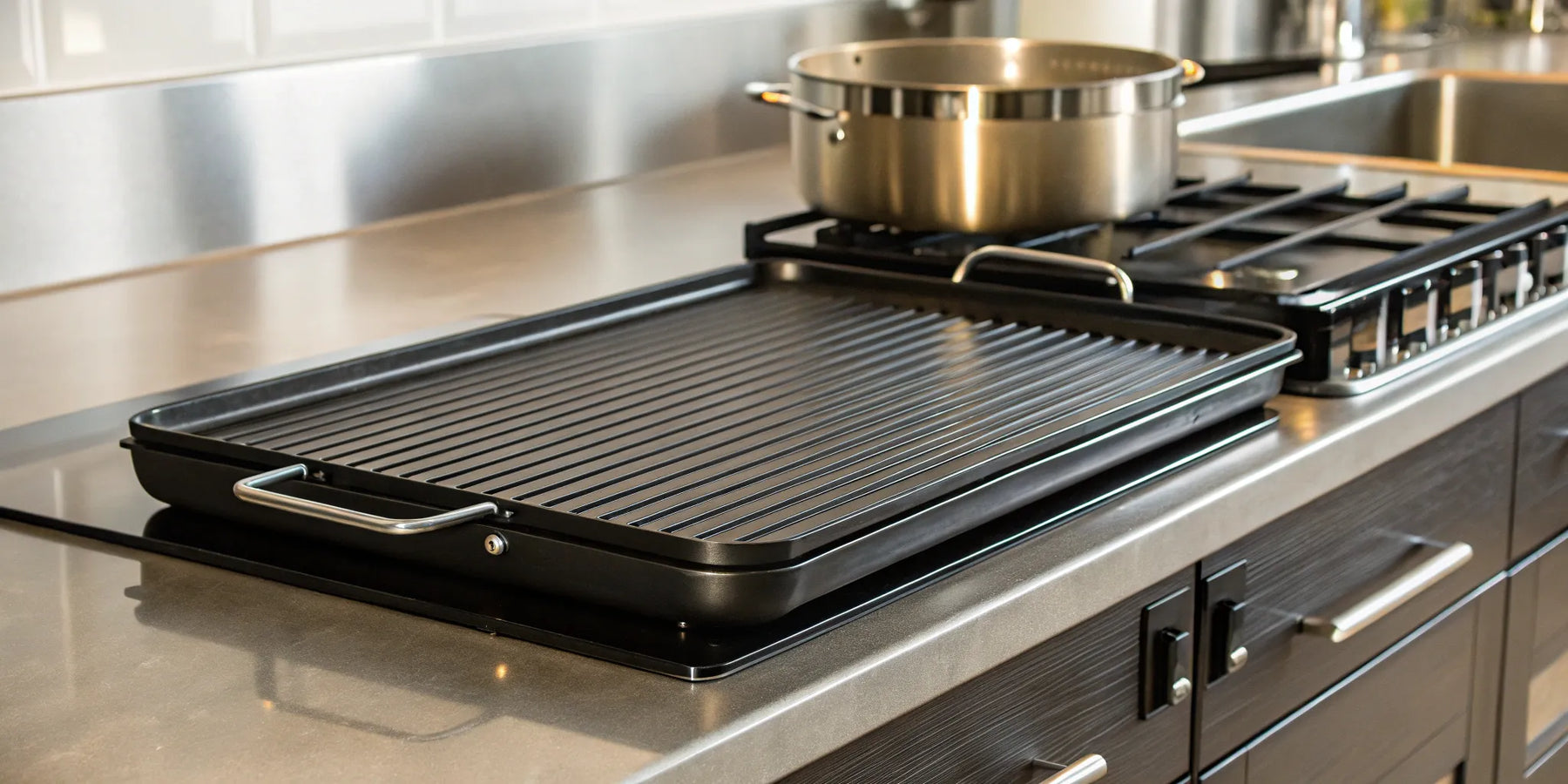 A commercial stainless steel electric grill griddle on a kitchen counter.