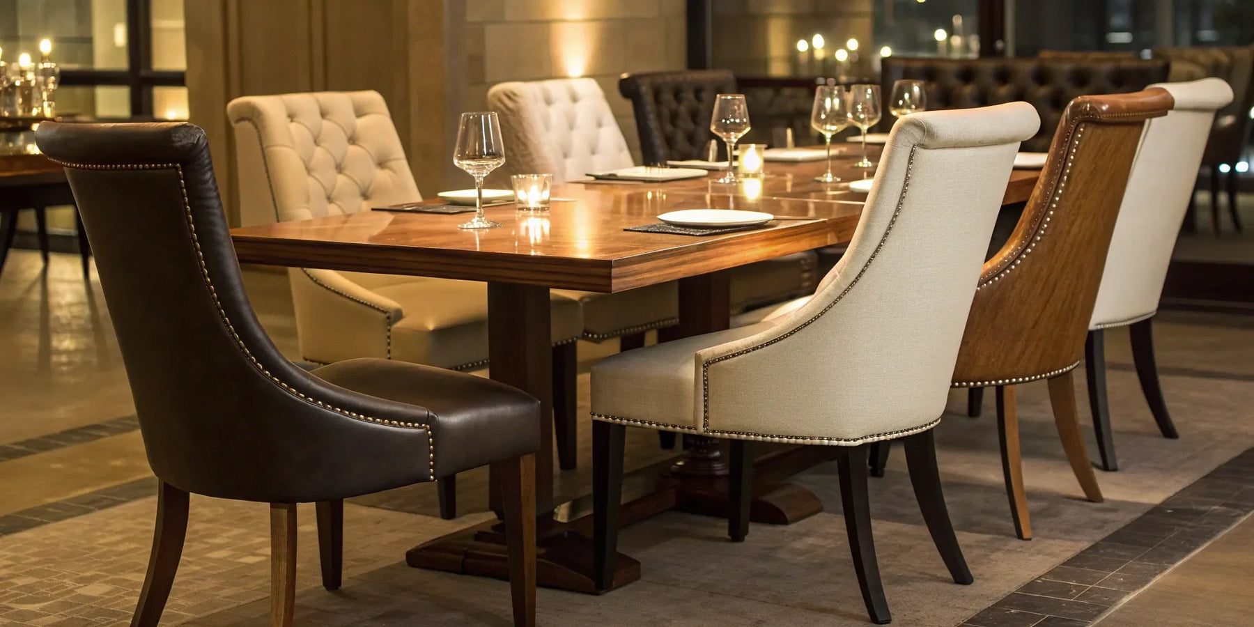 Modern function chairs arranged around a wooden table in an event venue.