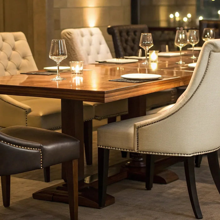 Modern function chairs arranged around a wooden table in an event venue.