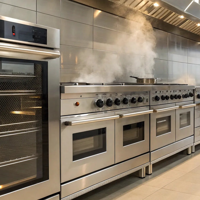 Different types of commercial restaurant ovens in a professional kitchen.