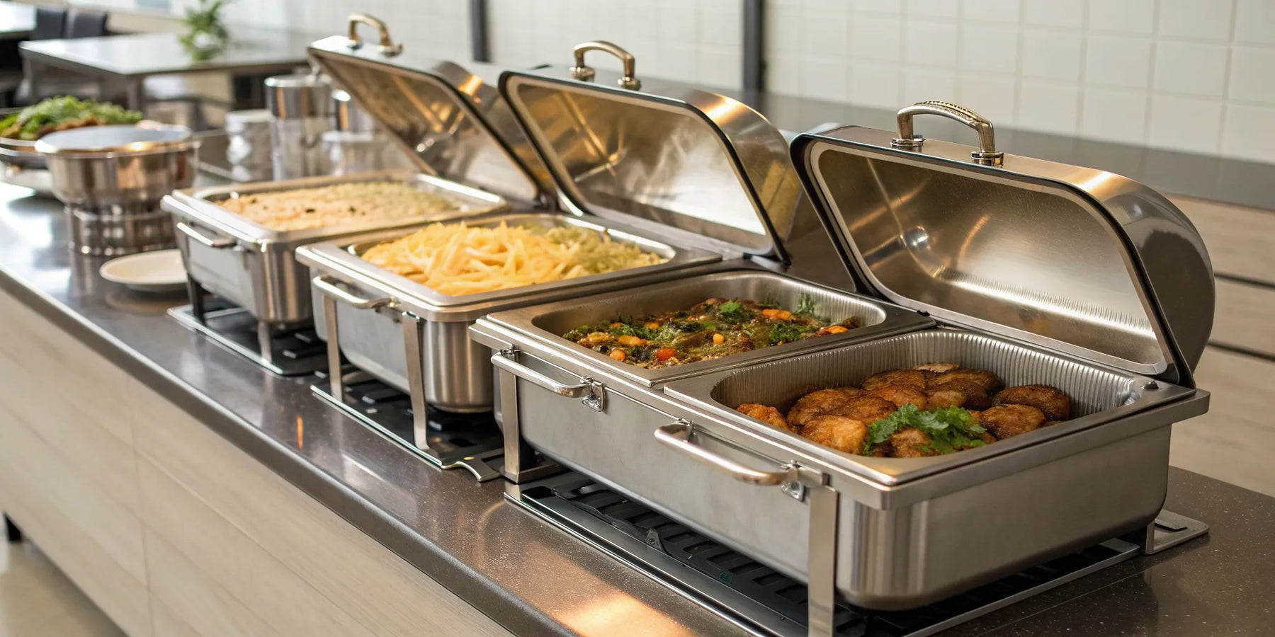 Stainless steel commercial food warmers maintain ideal temperatures for buffet service.