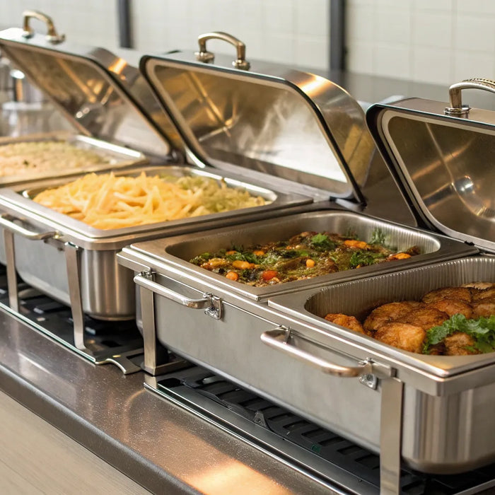 Stainless steel commercial food warmers maintain ideal temperatures for buffet service.