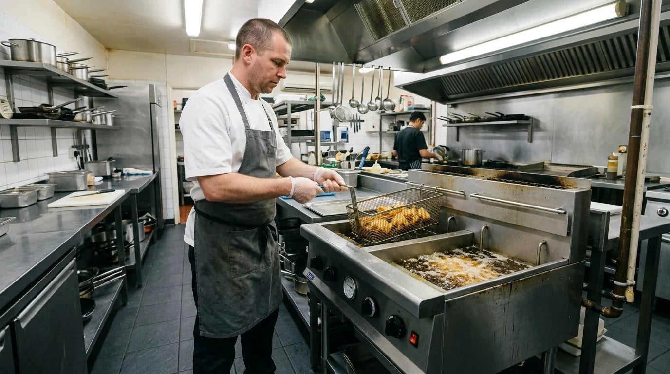 A focused professional chef works at a high-quality commercial deep fryer in a clean, modern stainless steel kitchen.