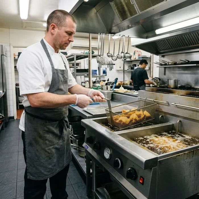A focused professional chef works at a high-quality commercial deep fryer in a clean, modern stainless steel kitchen.