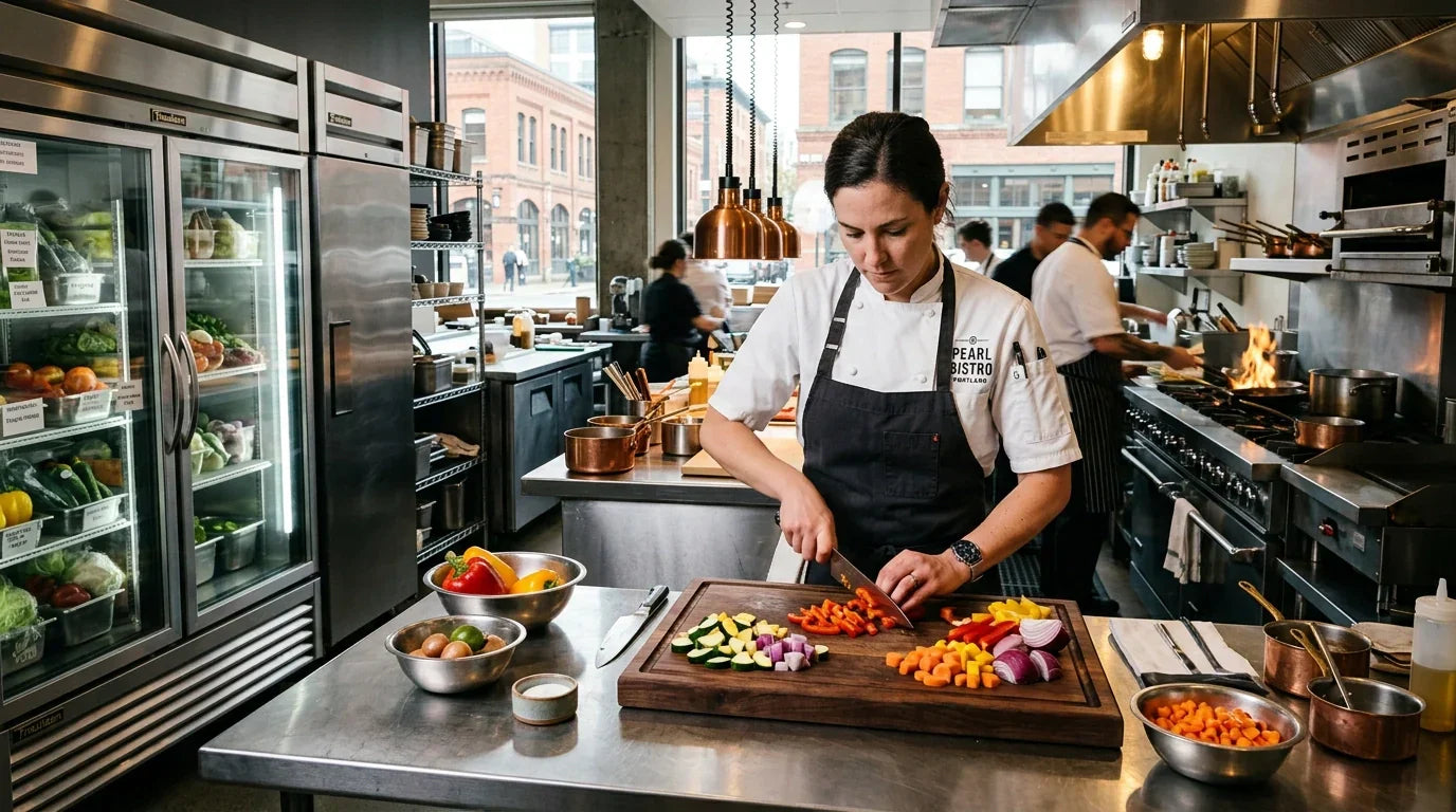 A professional chef dicing vegetables in a Portland kitchen
