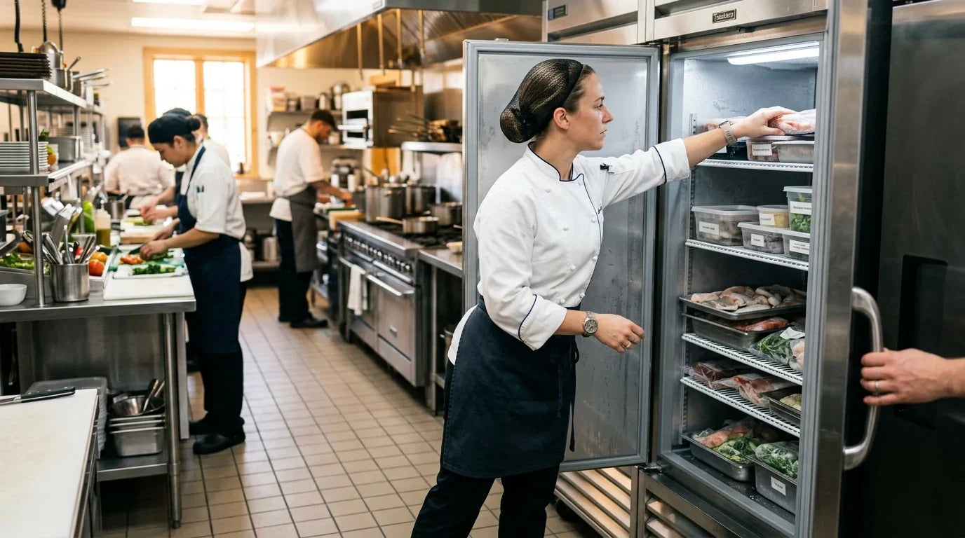 A professional chef in a clean commercial kitchen reaching into a stainless steel standing reach-in freezer